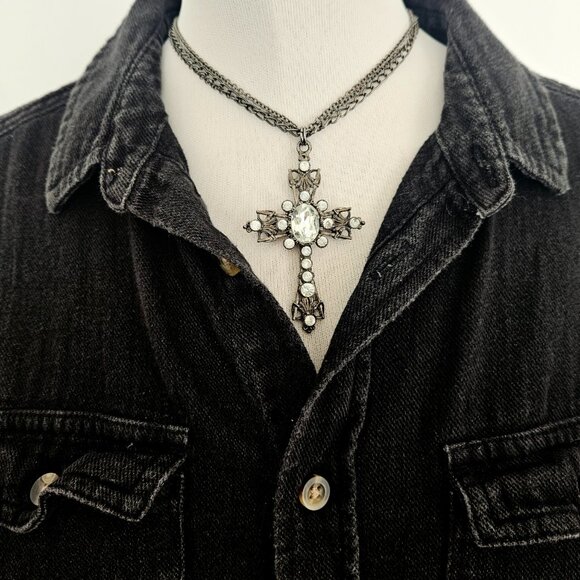 Vintage Rhinestone Edwardian Cross Pendant Necklace Women Goth Gray Black - Picture 1 of 4